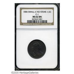 1806 1/2 C Small 6, No Stems MS62 Brown NGC. B-3, C-1 1806[1/2 C] Small 6, No Stems MS62 Brown NGC.