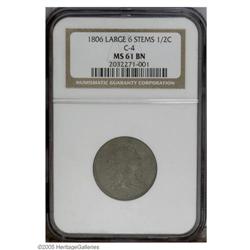1806 1/2 C Large 6, Stems MS61 Brown NGC. B-4, C-4, R. 1806[1/2 C] Large 6, Stems MS61 Brown NGC.