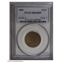 1809 1/2 C MS62 Brown PCGS. B-4, C-3, R.1. Two-tone ch 1809[1/2 C] MS62 Brown PCGS.