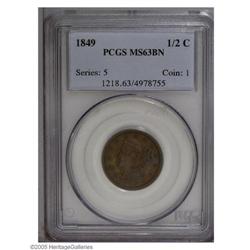 1849 1/2 C Large Date MS63 Brown PCGS. B-4, C-1, R.2. 1849[1/2 C] Large Date MS63 Brown PCGS.