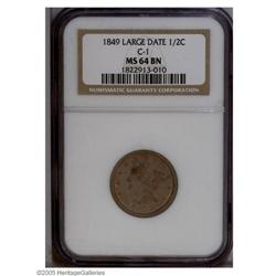 1849 1/2 C Large Date MS64 Brown NGC. B-4, C-1, R.2. T 1849[1/2 C] Large Date MS64 Brown NGC.