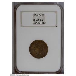 1853 1/2 C MS65 Brown NGC. B-1, C-1, R.1. A small die 1853[1/2 C] MS65 Brown NGC.