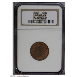 1854 1/2 C MS65 Red and Brown NGC. B-1, C-1, R.1. A lo 1854[1/2 C] MS65 Red and Brown NGC.