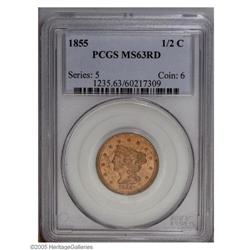 1855 1/2 C MS63 Red PCGS. B-1, C-1, R.1. Nicely struc 1855[1/2 C] MS63 Red PCGS.