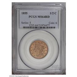 1855 1/2 C MS64 Red PCGS. B-1, C-1, R.1. This brick-re 1855[1/2 C] MS64 Red PCGS.