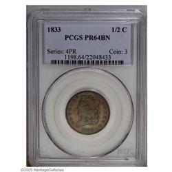 1833 1/2 C PR64 Brown PCGS. B-1, C-1, the only known d 1833[1/2 C] PR64 Brown PCGS.