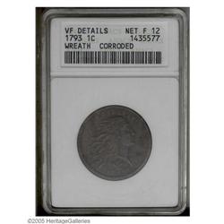1793 1C Wreath Cent--Vine and Bars--Corroded--ANACS. V 1793[1C] Wreath Cent--Vine and Bars--Corroded