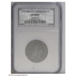 1793 1C Wreath Cent--Vine and Bars--Rim Filed--NCS. Ge 1793[1C] Wreath Cent--Vine and Bars--Rim File