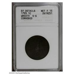 1793 1C Wreath Cent--Vine and Bars--Corroded--ANACS. X 1793[1C] Wreath Cent--Vine and Bars--Corroded