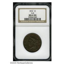 1816 1C MS61 Brown NGC. N-8, Low R.3. Noyes Die State 1816[1C] MS61 Brown NGC.