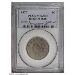 1837 Plain Cords, Medium Let. MS65 Brown PCGS. N-5, R.2 1837[1C] Plain Cords, Small Letters MS65 Bro