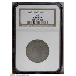 1842 1C Large Date MS62 Brown NGC. N-7, Die State B, 1842[1C] Large Date MS62 Brown NGC.
