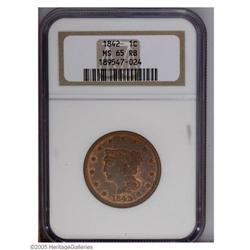 1842 1C Large Date MS65 Red and Brown PCGS. N-8, R.1. 1842[1C] Large Date MS65 Red and Brown PCGS.