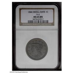 1846 1C Small Date MS65 Brown NGC. N-6, R.1. Pleasing 1846[1C] Small Date MS65 Brown NGC.