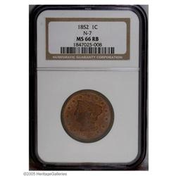 1852 1C MS66 Red and Brown NGC. N-14, R.1, LDS. Attrib 1852[1C] MS66 Red and Brown NGC.