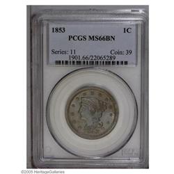 1853 1C MS66 Brown PCGS. Mostly well struck with gloss 1853[1C] MS66 Brown PCGS.