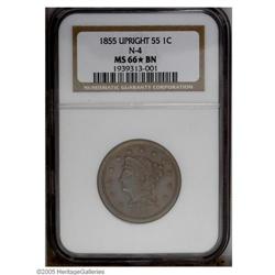 1855 1C Upright 5s MS66 Brown NGC. N-4, R.1. A pair of 1855[1C] Upright 5s MS66 Brown [S NGC.