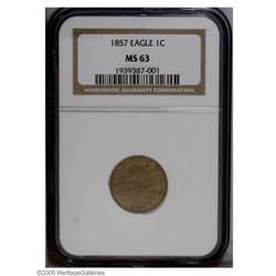 1857 1C MS63 NGC. Crisply struck for the type, and the 1857[1C] MS63 NGC.
