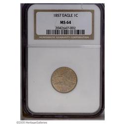 1857 1C MS64 NGC. This satiny apricot and lime-tinged 1857[1C] MS64 NGC.