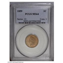 1859 1C MS64 PCGS. A sharp strike, except on TATE, for 1859[1C] MS64 PCGS.