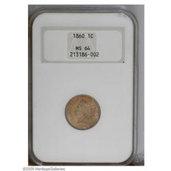1860 1C MS64 NGC. Lime-green and brick-red toning ador 1860[1C] MS64 NGC.
