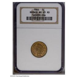 1864 1C Bronze No L MS65 Red NGC. Yellow-gold color ha 1864[1C] Bronze No L MS65 Red NGC.