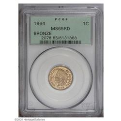 1864 1C Bronze No L MS65 Red PCGS. A lovely bronze exa 1864[1C] Bronze No L MS65 Red PCGS.