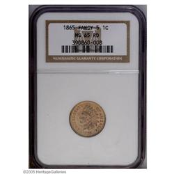 1865 1C Fancy 5 MS65 Red NGC. Pleasing coppery-gold pa 1865[1C] Fancy 5 MS65 Red NGC.