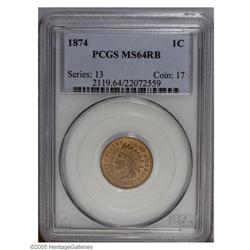 1874 1C MS64 Red and Brown PCGS. Rich reddish-golden c 1874[1C] MS64 Red and Brown PCGS.