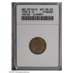 1909-S 1C --Cleaned--ANACS. Unc. Details, Net MS60. Cri 1909-S[1C]--Cleaned--ANACS. Unc. Details, Ne
