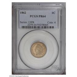 1862 1C PR64 PCGS. Sharply struck with smooth, seeming 1862[1C] PR64 PCGS.