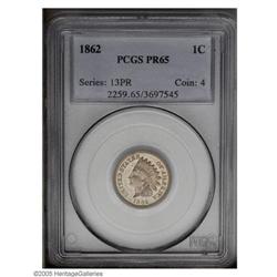 1862 1C PR65 PCGS. A Gem proof copper-nickel cent, the 1862[1C] PR65 PCGS.