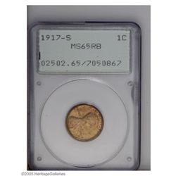 1917-S 1C MS65 Red and Brown PCGS. Bright golden-tan p 1917-S[1C] MS65 Red and Brown PCGS.