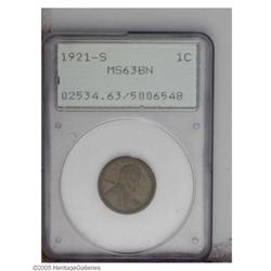 1921-S 1C MS63 Brown PCGS. Medium brown surfaces displ 1921-S[1C] MS63 Brown PCGS.