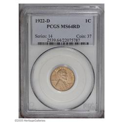 1922-D 1C MS64 Red PCGS. Well struck and lustrous, wit 1922-D[1C] MS64 Red PCGS.