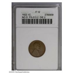 1922 No D 1C Strong Reverse Fine 12 ANACS. FS-013.2. T 1922 No D[1C] Strong Reverse Fine 12 ANACS.