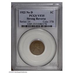 1922 No D 1C Strong Reverse VF35 PCGS. A problem-free, 1922 No D[1C] Strong Reverse VF35 PCGS.