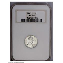 1943-S 1C MS68 NGC. Sharply struck with bright, semi-p 1943-S[1C] MS68 NGC.