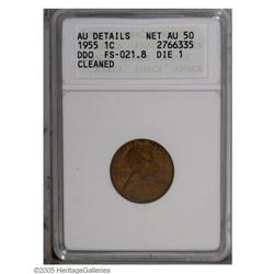 1955/55 1C Doubled Die Obverse--Cleaned--ANACS. AU Det 1955/55[1C] Doubled Die Obverse--Cleaned--ANA