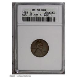 1955/55 1C Doubled Die Obverse MS60 Brown ANACS. FS-02 1955/55[1C] Doubled Die Obverse MS60 Brown AN