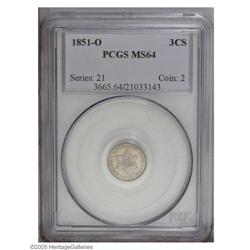 1851-O 3CS MS64 PCGS. Gray, gold, and sky-blue colored 1851-O[3CS] MS64 PCGS.