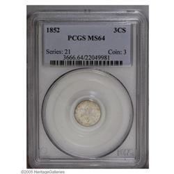 1852 3CS MS64 PCGS. Lustrous surfaces are visited by t 1852[3CS] MS64 PCGS.