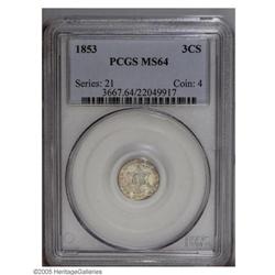 1853 3CS MS64 PCGS. Speckles of brown toning dance ove 1853[3CS] MS64 PCGS.
