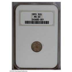 1855 3CS MS63 NGC. A richly toned example of this date 1855[3CS] MS63 NGC.
