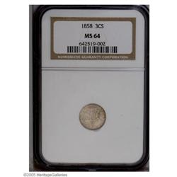 1858 3CS MS64 NGC. Softly struck on the peripheral let 1858[3CS] MS64 NGC.