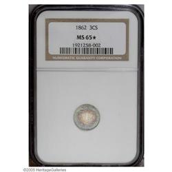 1862 3CS MS65 S NGC. Well struck from clashed dies, w 1862[3CS] MS65 [S NGC.