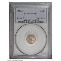 1862/1 3CS MS64 PCGS. Boldly struck with few marks and 1862/1[3CS] MS64 PCGS.