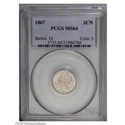 1867 3CN MS64 PCGS. This highly lustrous near Gem disp 1867[3CN] MS64 PCGS.