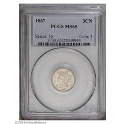 1867 3CN MS65 PCGS. Nearly untoned surfaces exhibit ni 1867[3CN] MS65 PCGS.