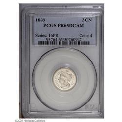 1868 3CN PR65 Deep Cameo PCGS. Outstanding white on bl 1868[3CN] PR65 Deep Cameo PCGS.